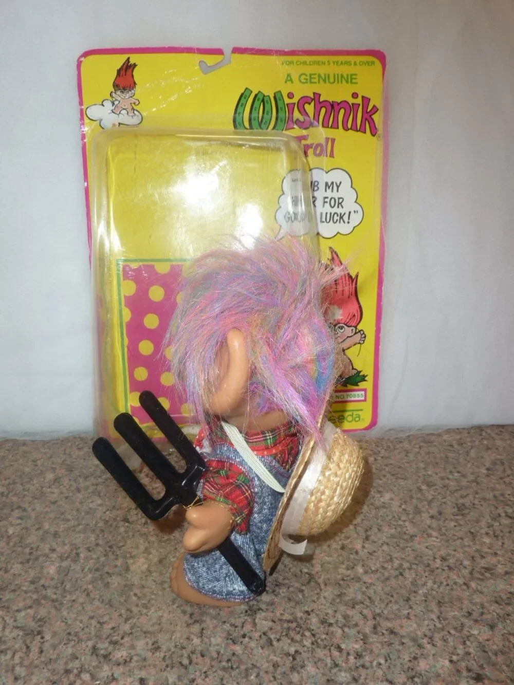 1991 Uneeda Wishnik Farmer 8 inch TROLL Doll with packaging and label.